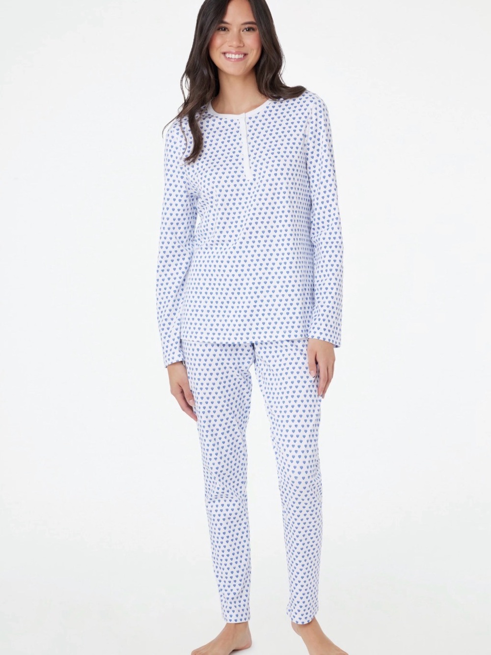 Roller Rabbit White and Blue Heart-Print Long PJ Set